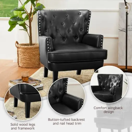 Glitzhome&reg; Modern Leatherette Button-Tufted Accent Armchair Black {7}