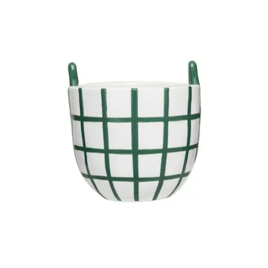 Hello Honey&reg; 6.75" Hand-Painted Green & White Grid Stoneware Container with Handles {1}
