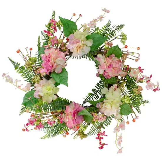 20" Pink Hydrangea Berry & Fern Artificial Spring Floral Wreath {1}