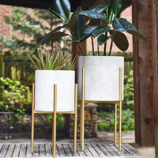 Hello Honey&reg; White & Gold Boho Embossed Metal Planters with Stands Set {5}