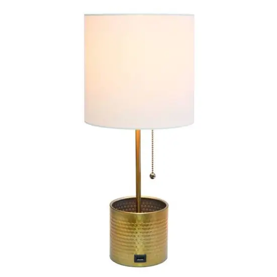 Simple Designs 18.5" Hammered Metal Container Base Table Lamp with USB Charging Port White/Gold {3}