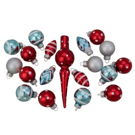 19ct. Red & Blue Frosted Glass Ornaments & Tree Topper Set {1}