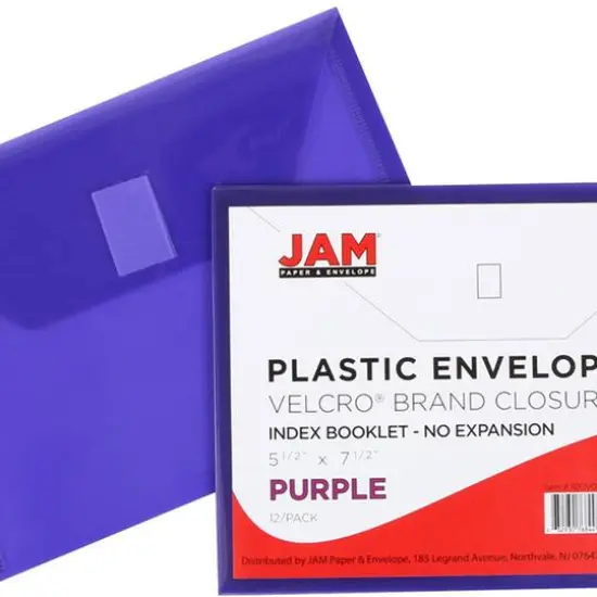 JAM Paper 5.5" x 7.5" Plastic Booklet Envelopes with Hook & Loop Closure, 24ct. Purple {5}