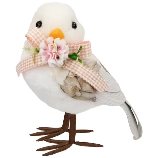 7" White Plush Bird Accent with Gingham Bow {1}