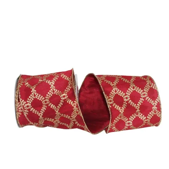 Reliant 4" x 10yd. Scarlet Filigree Crest Dupione Wired Ribbon {1}