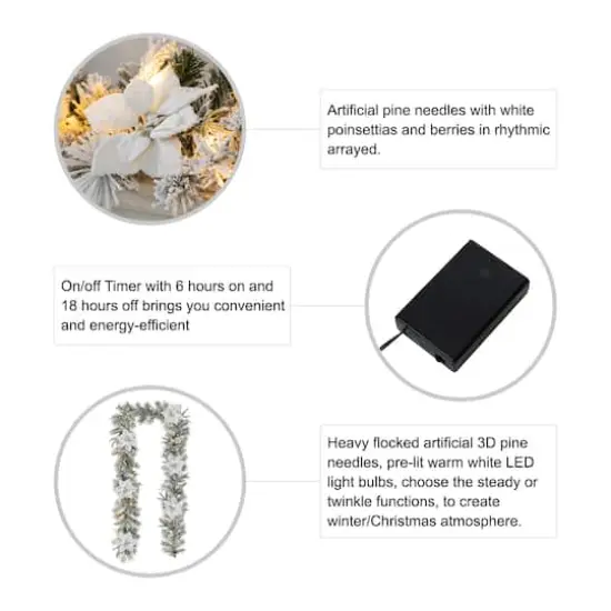 Glitzhome® 9ft. Pre-Lit Snow Flocked Greenery Pine Poinsettia Christmas Garland {6}