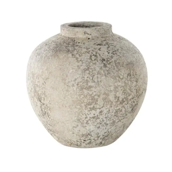 12" Cream Ceramic Antique Style Round Vase with Textured Distressing {1}