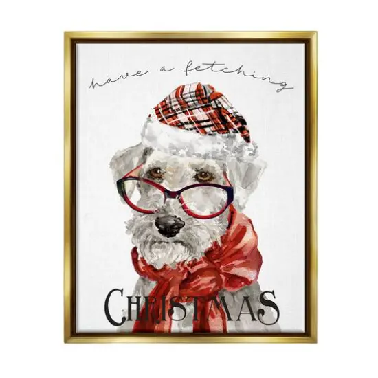 Stupell Industries Have a Fetching Christmas Dog Gold Framed Floater Canvas Wall Art {1}