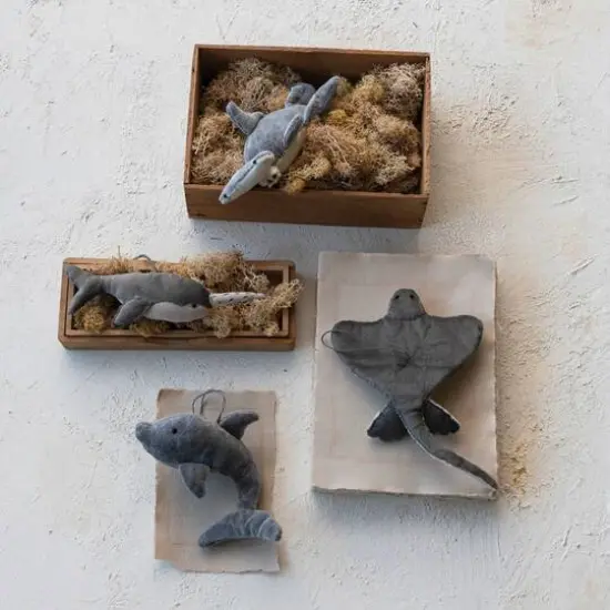 Hello Honey&reg; 7" Cream & Gray Velvet Hammer Head Shark Ornament {3}