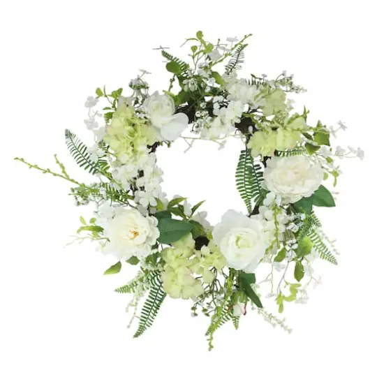 24" White & Green Peony & Rose Artificial Floral Spring Wreath {1}