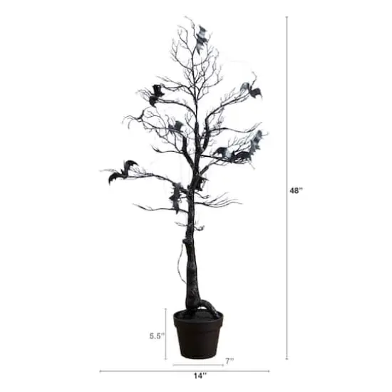 4ft. Pre-Lit Artificial Halloween Black Spooky Twig Tree with Bats and 120 Orange & Purple LED Lights {3}