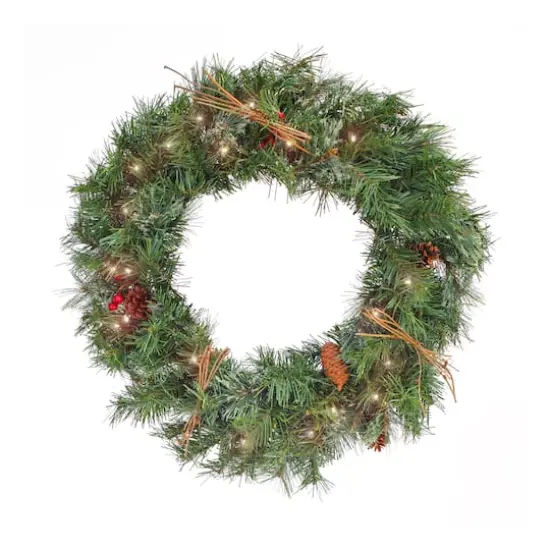 24" Pre-Lit Glistening Pine Wreath with Pinecones, Berries & Twigs, Warm White LED Lights {1}