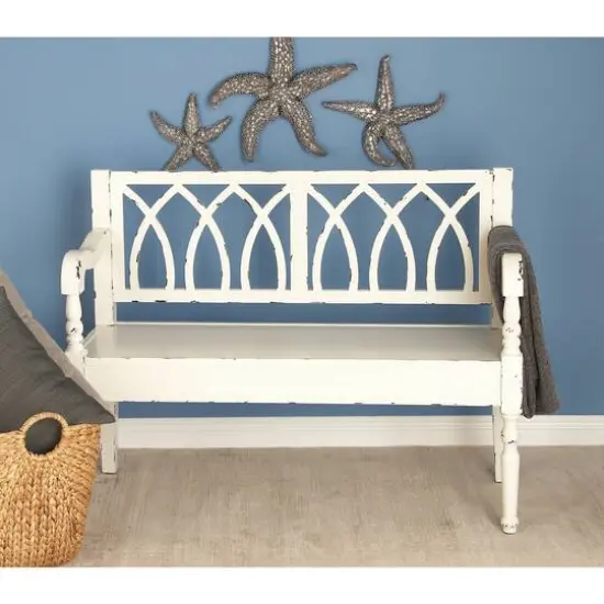 Farmhouse Rectangular Distressed White Wooden Indoor Bench {7}