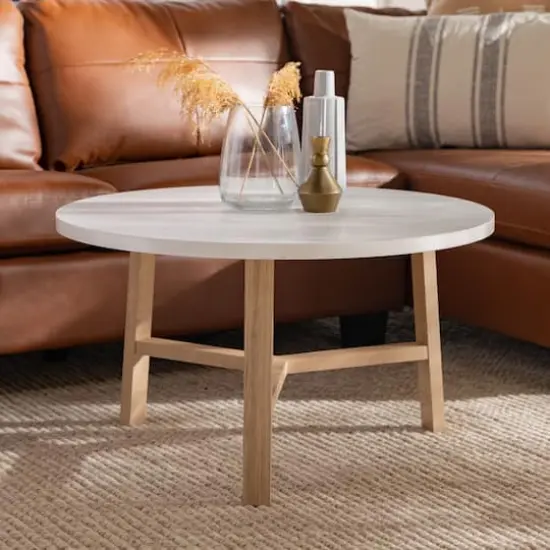 Faux White Marble & Light Oak Mid Century Modern Round Coffee Table {4}