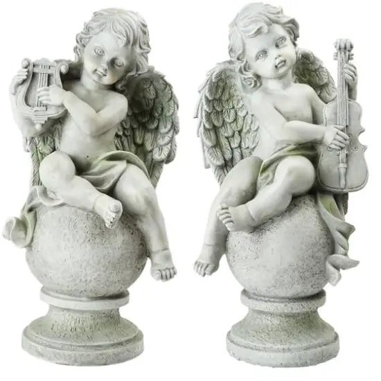 14.75" Gray Cherub Angels with Violin & Harp Sitting on Finials Outdoor Garden Statues {1}