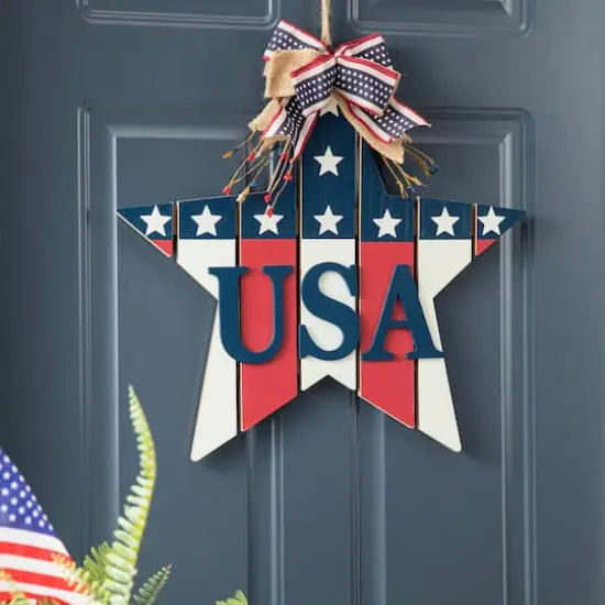 Glitzhome&reg; 19" Patriotic American Wooden Star Door Hanger {3}