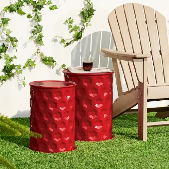 Glitzhome&reg; Multifunctional Embossed Honeycomb Texture Metal Garden Stool Set Red {4}