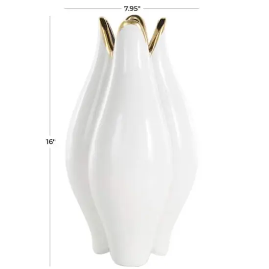 White Ceramic Dimensional Tulip Shaped Vase with Metallic Gold Rim {8}