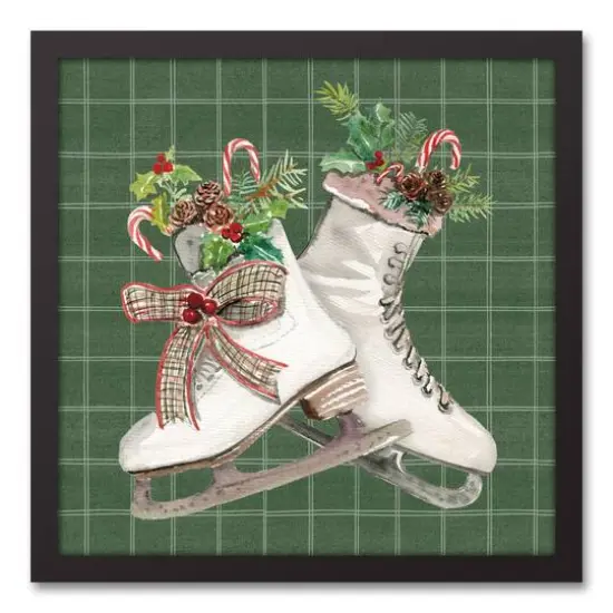 Green Christmas Ice Skates Black Framed Canvas Wall Art {1}