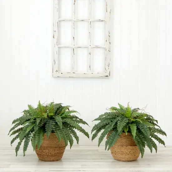 23" Artificial Boston Fern Plant with Handmade Jute & Cotton Basket with Handles {4}