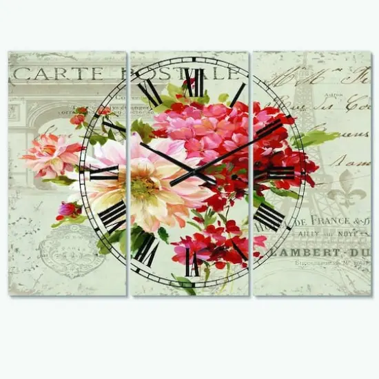 Designart Red Painted Flowers On Vintage Postcard I Multipanel Wall Clock {1}