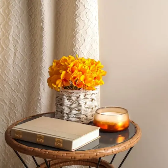 10" Hydrangea Bouquet in Natural Basket Marigold Yellow {4}