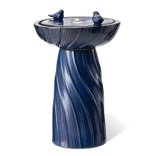 Glitzhome&reg; 24.75" LED Cobalt Blue Twist Ceramic Birdbath Outdoor Floor Fountain {1}