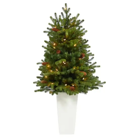 3.5ft. Pre-Lit Yukon Mountain Fir Artificial Christmas Tree in White Planter, Clear Lights {1}