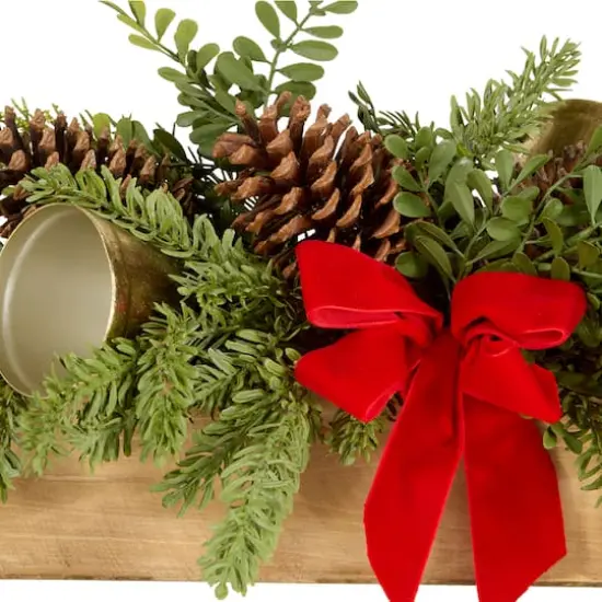 27" Christmas Bells Cypress & Pinecone Centerpiece in Wood Planter {4}