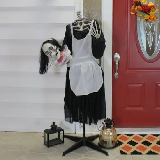 57" Animated LED Lighted Head-in-Hand Skeleton Maid Halloween Decoration {3}