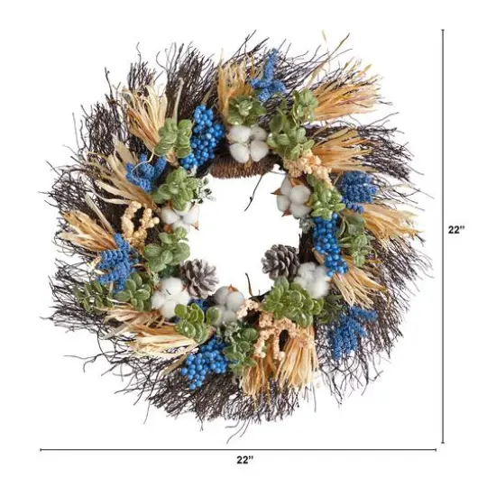 22" Cotton, Eucalyptus, Berries & Pinecones Artificial Fall Wreath {3}