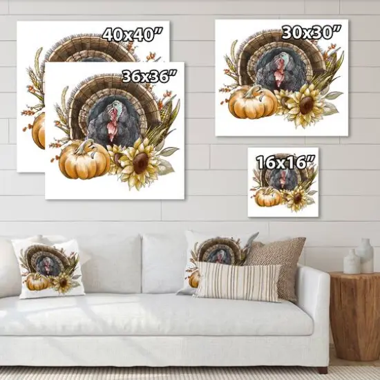 Designart Thanksgiving Vintage Turkey, Sunflowers & Pumpkin Farmhouse Canvas Wall Art {6}