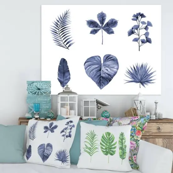 Designart - Abstract Blue Set Of Plant Leaves - Traditional Canvas Wall Art Print {4}