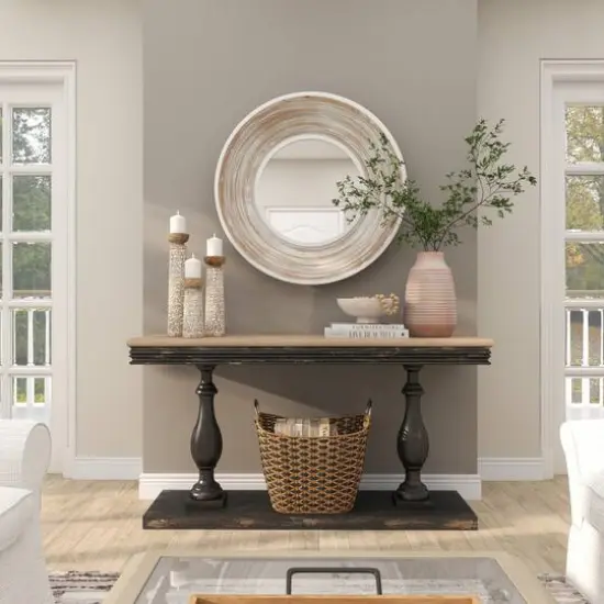 35" Cream Wooden Framed Wall Mirror with White Wash Effect {9}