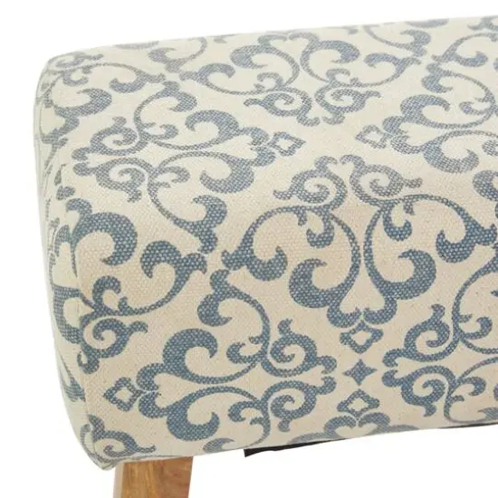 50" Cream Fabric Arabesque Scroll Bench with Wood Legs {5}