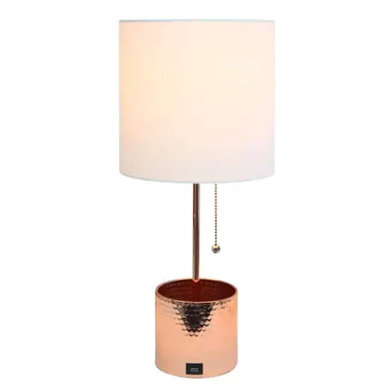 Simple Designs 18.5" Hammered Metal Container Base Table Lamp with USB Charging Port White/Rose Gold {3}