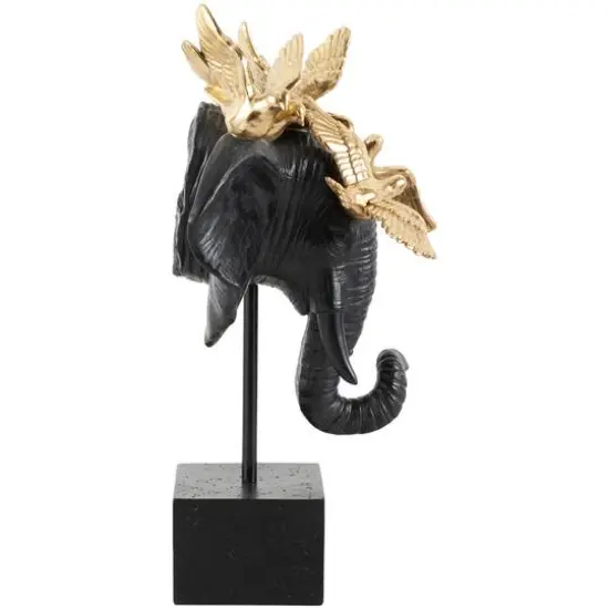 21" Black & Gold Polystone Elephant Head with Birds Statue {5}