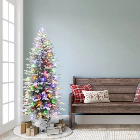6ft. Pre-Lit Flocked Slim Arctic Fir Artificial Christmas Tree in Stump Planter, Color Select LED Lights {4}
