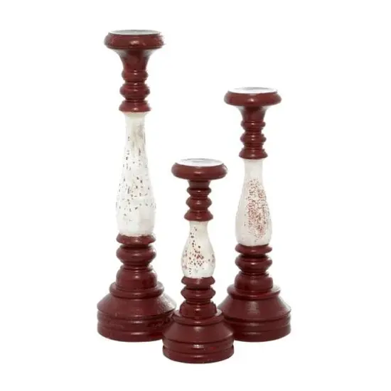 20" Red & White Wood Farmhouse Candlestick Holder Set {4}