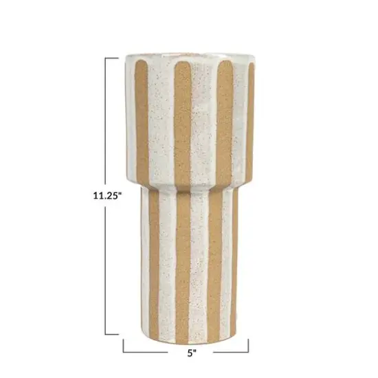 Hello Honey® 11" Cream & Brown Wax Relief Striped Round Stoneware Vase {6}