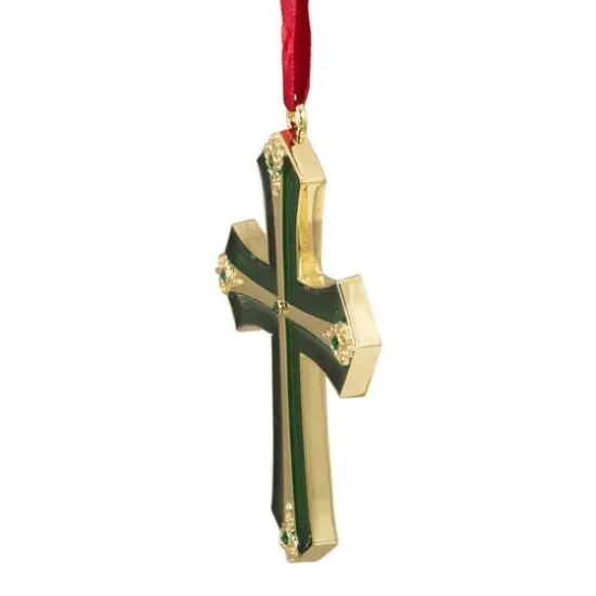 3.5" Green & Gold Layering Effect with Crystals Cross Ornament {6}