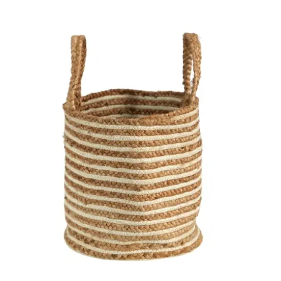14'' Handwoven Stripe Natural Cotton and Jute Boho Chic Basket Planter {5}