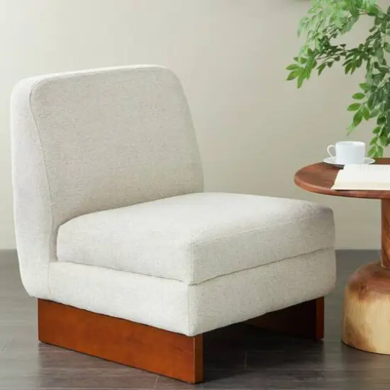 White Boucle Accent Chair with Brown Wooden Legs {9}