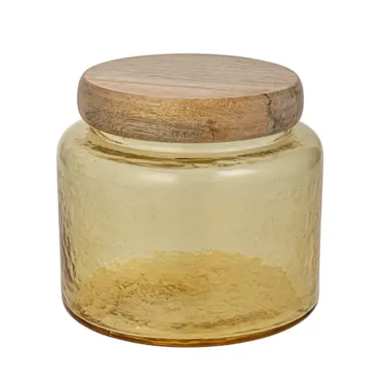 Hello Honey&reg; Yellow & Whitewash Hammered Glass Jar with Mango Wood Lid {1}