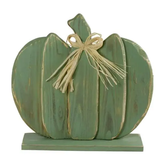 14" Green Slatted Halloween Tabletop Pumpkin with Bow {1}