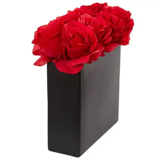 9" Red Roses Floral Arrangement in Black Vase {3}