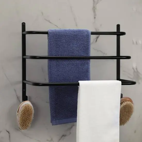 Black Metal Bathroom Towel Bar Wall Mounted Rack with Hooks {6}