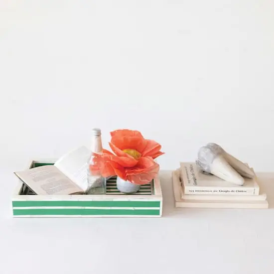 Hello Honey&reg; 18" Green & Cream Reclaimed Wood Tray with Handles {3}