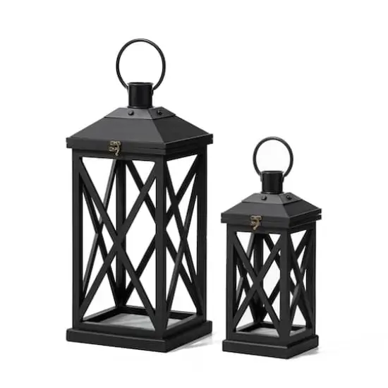 Glitzhome&reg; Black Farmhouse Wood & Metal Lanterns Set {1}