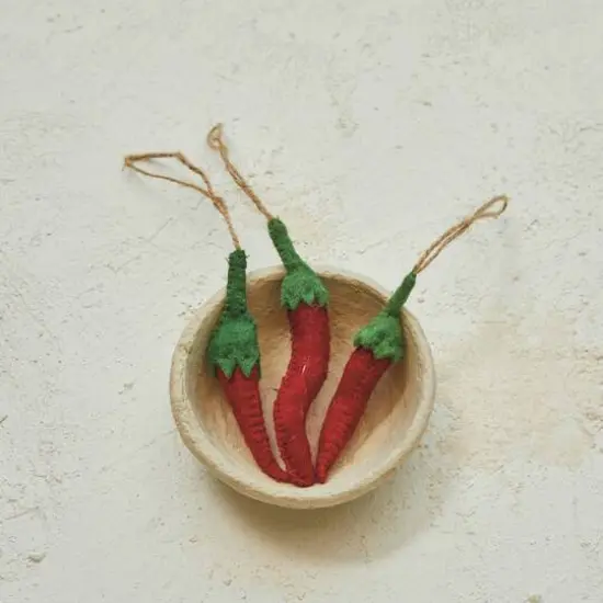 Hello Honey&reg; Red & Green Handmade Wool Felt Chili Pepper Ornament Set {3}